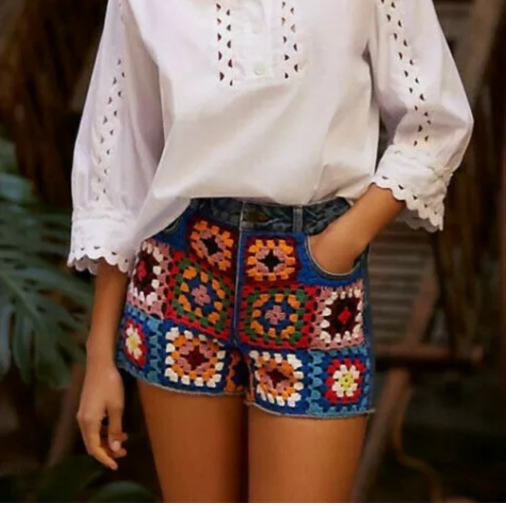 Farm Rio Ultra High Rise Crochet Denim Shorts - Picture 2 of 6